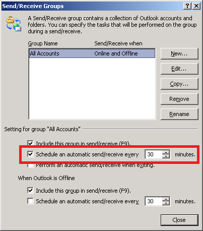 Groupes Outlook Outlook 'send/receive'